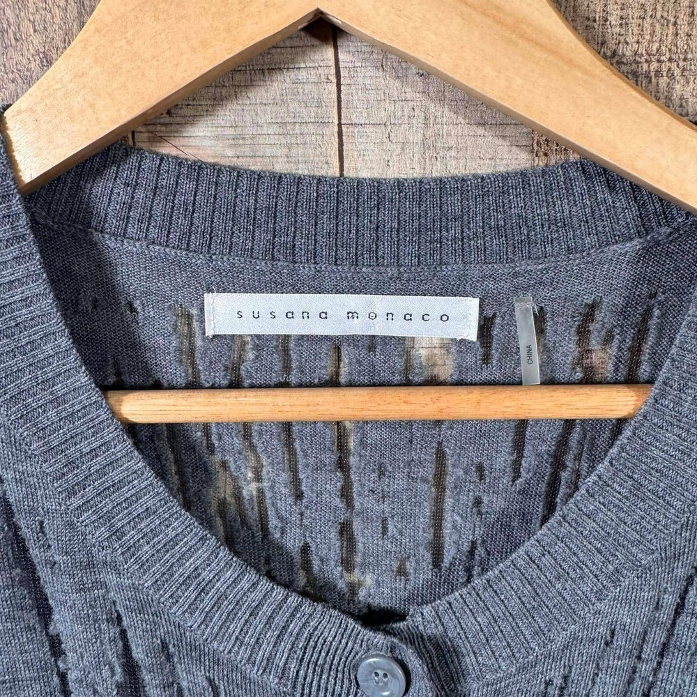 Susana Monaco Slashed Wool Long Cardigan XS Grey Minimalist Luxe Distressed - Picture 3 of 6